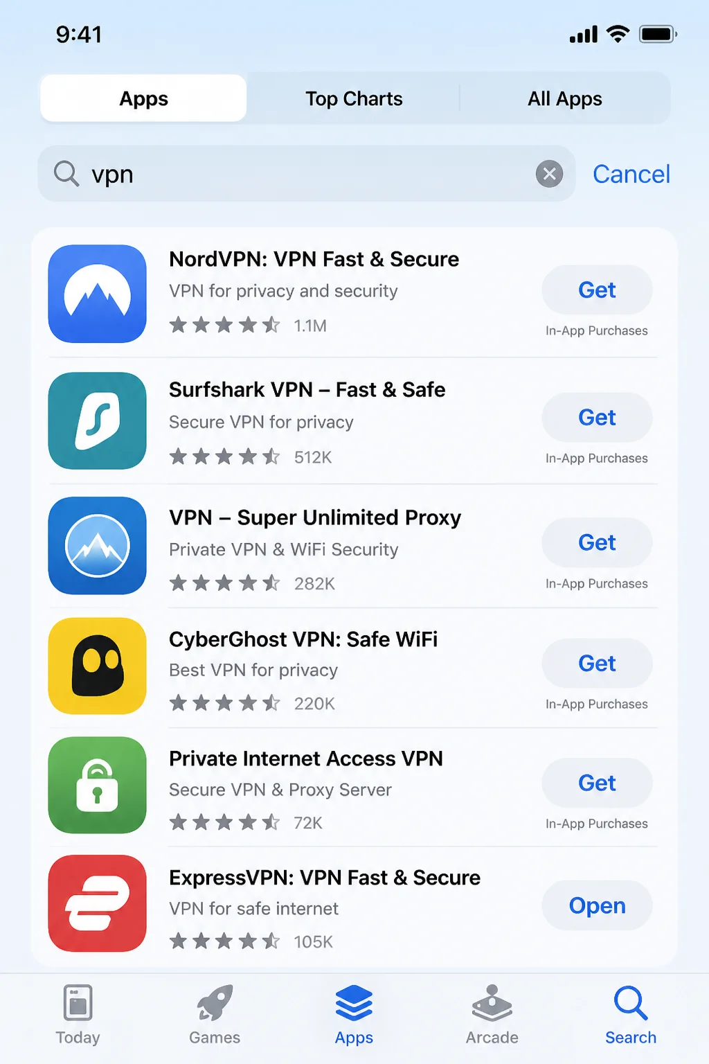 App Store search results page showing a list of VPN apps available for download