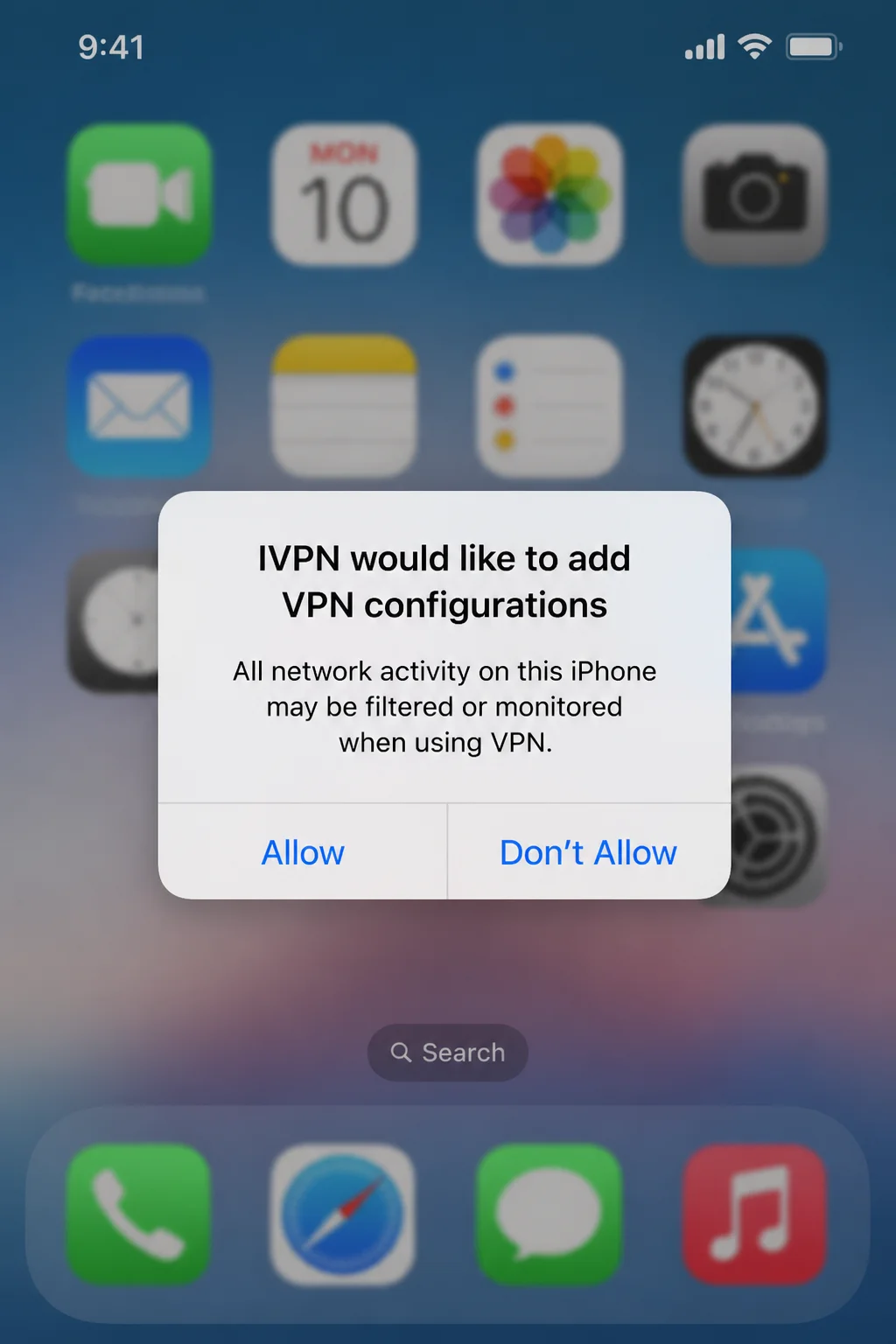 iOS system prompt asking permission to add a VPN configuration, with Allow and Don't Allow buttons