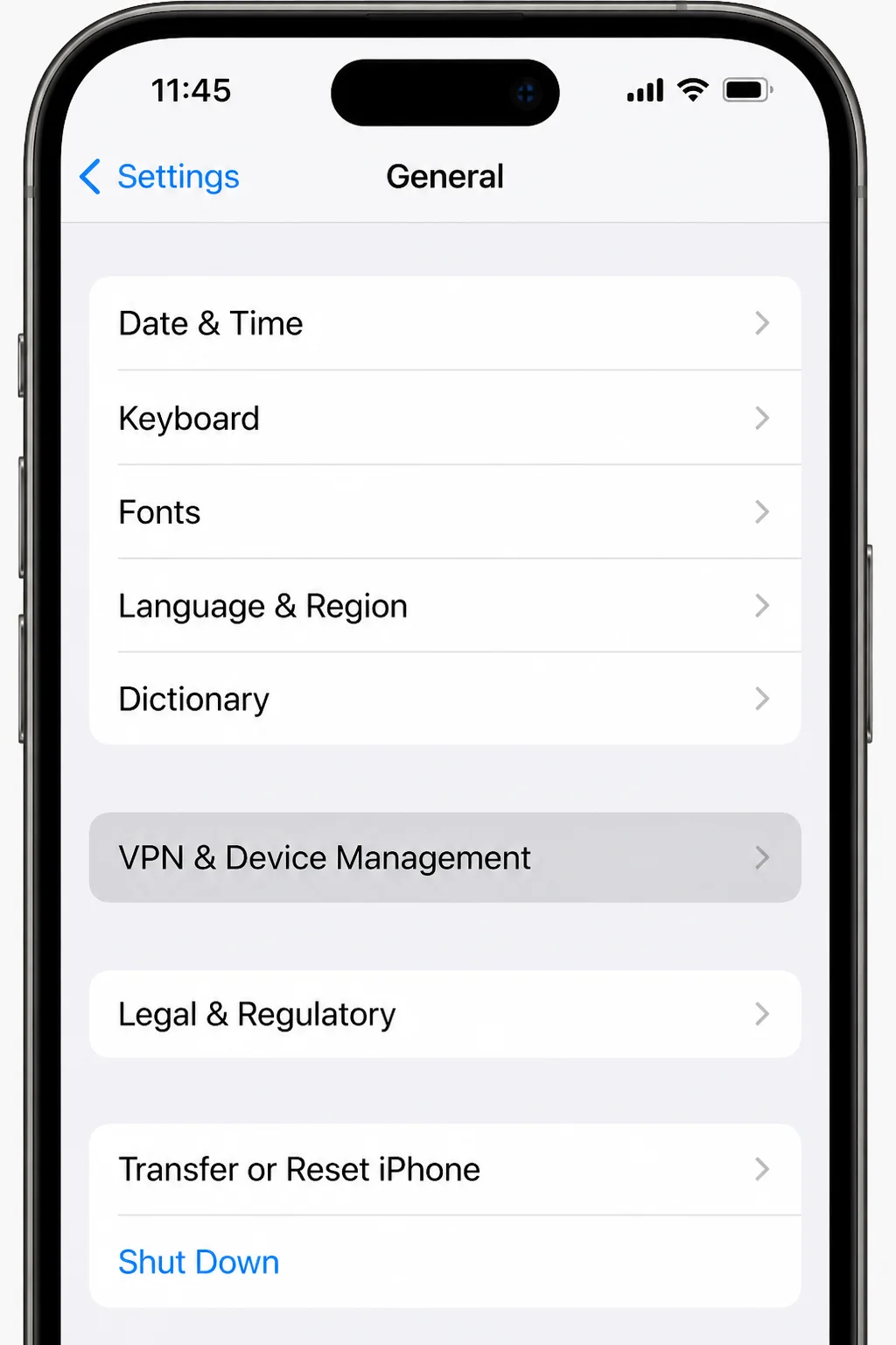 Settings > General screen with the VPN & Device Management row visible near the bottom of the list