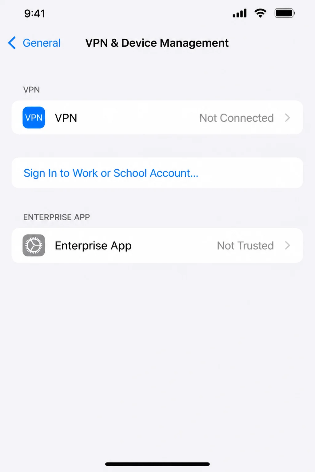 Settings > General > VPN & Device Management screen showing the VPN entry and any installed configuration profiles