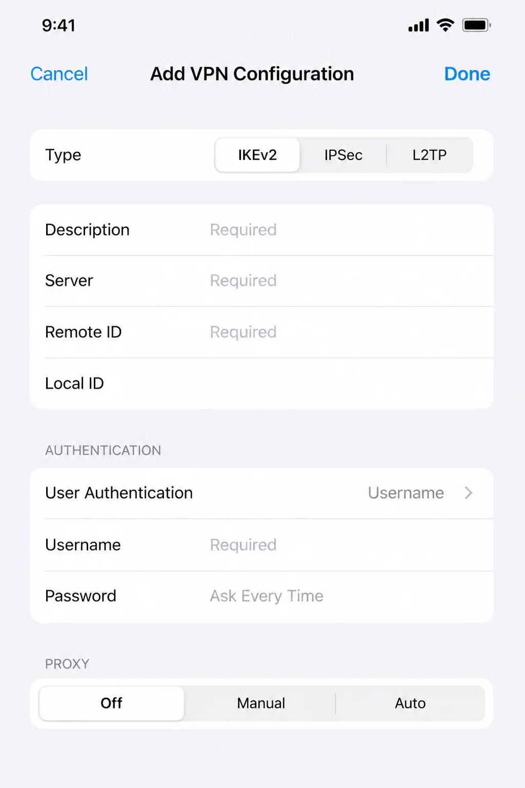 Add VPN Configuration screen showing the Type selector for IKEv2, IPSec, and L2TP, along with Description, Server, and Authentication fields