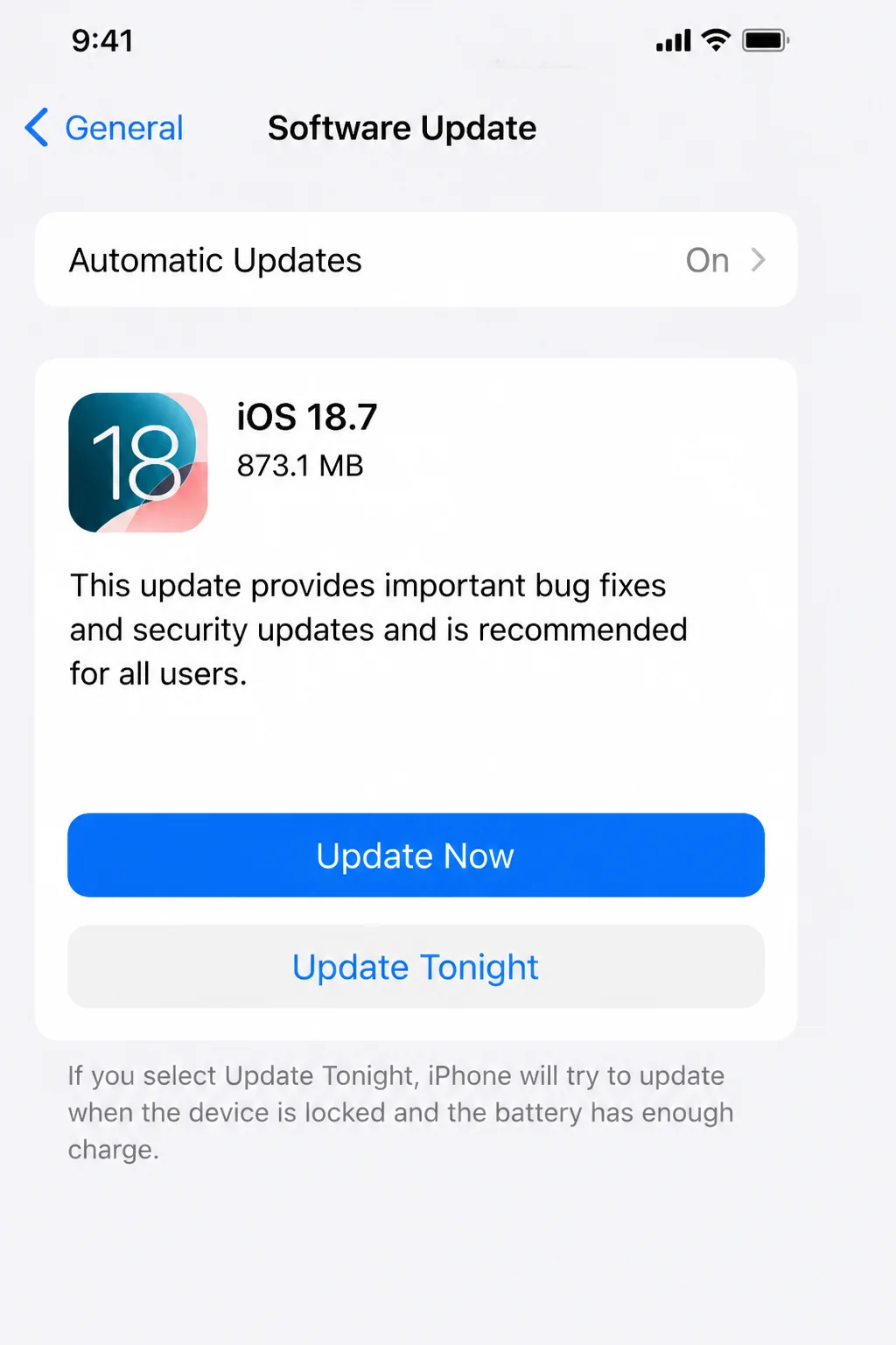 iPhone Settings app showing General > Software Update screen with the current iOS version and update status