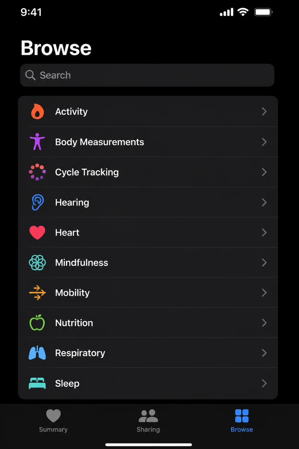 Health app Browse tab showing the list of health categories with Heart visible
