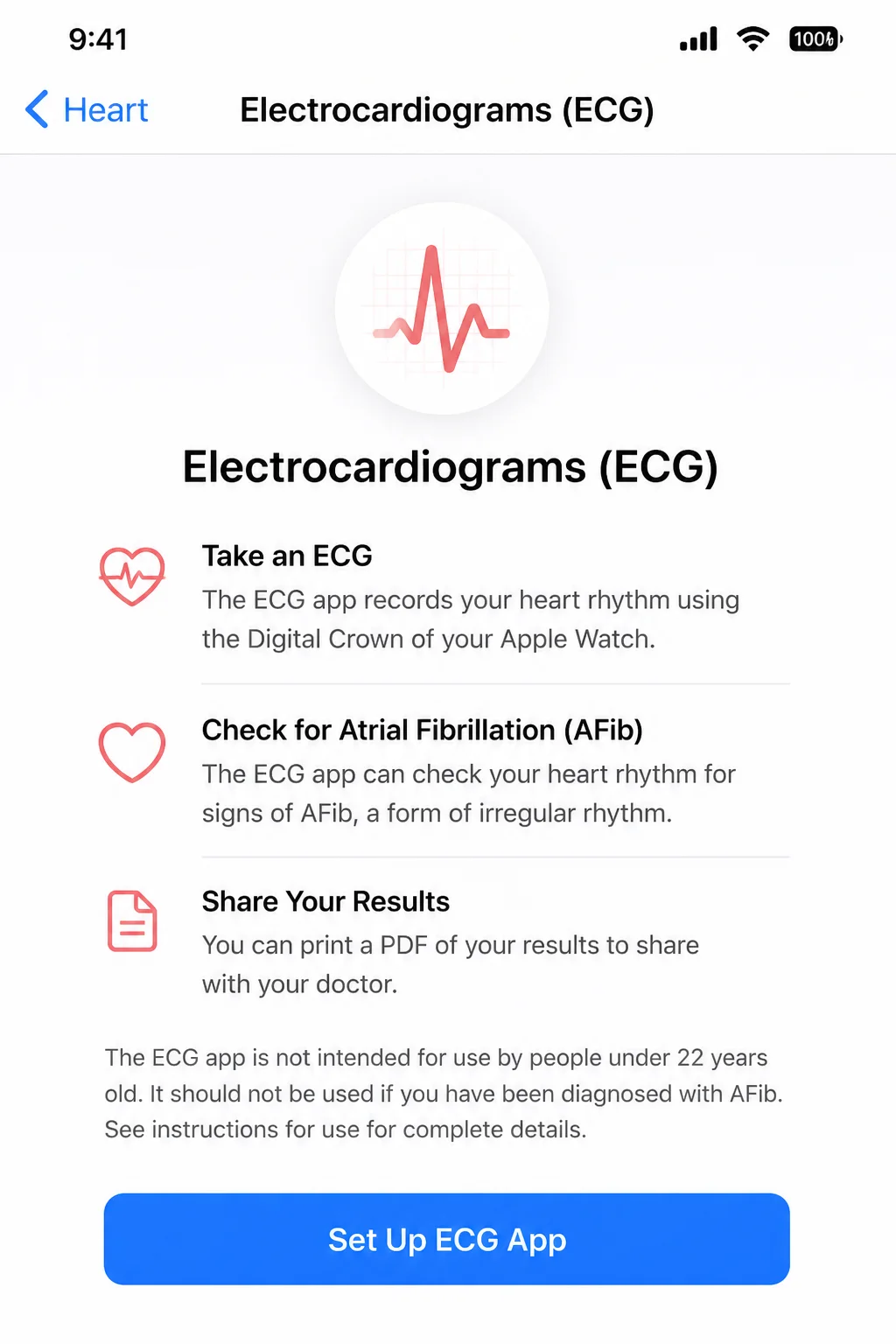 Health app Electrocardiogram (ECG) feature detail page inside the Heart category, showing setup status and information