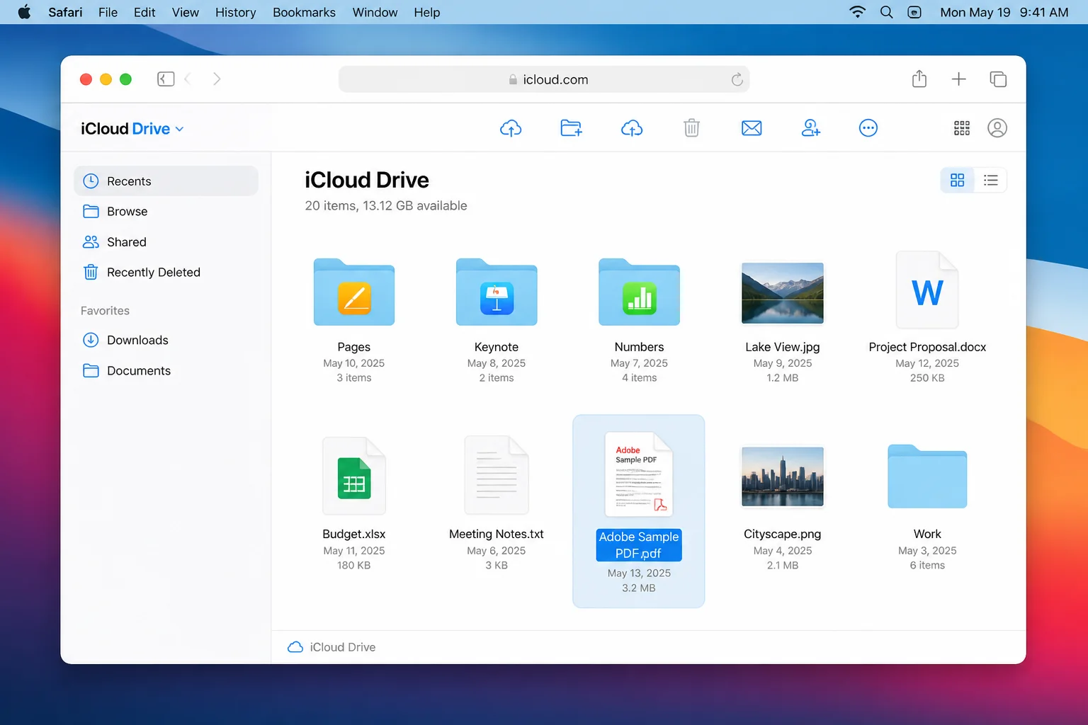 iCloud Drive file browser in a web browser showing a saved PDF document ready to download