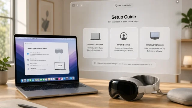 Informational scene: a MacBook on a wooden desk displaying a setup guide alongside a VR headset and headphones nearby.