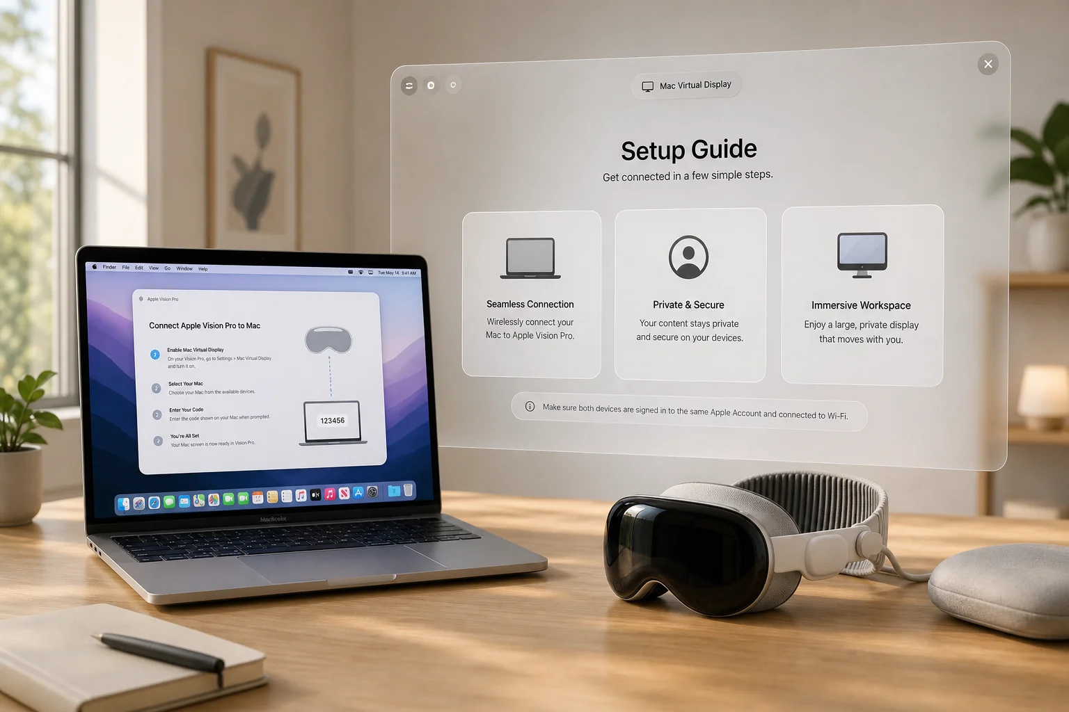 Informational scene: a MacBook on a wooden desk displaying a setup guide alongside a VR headset and headphones nearby.