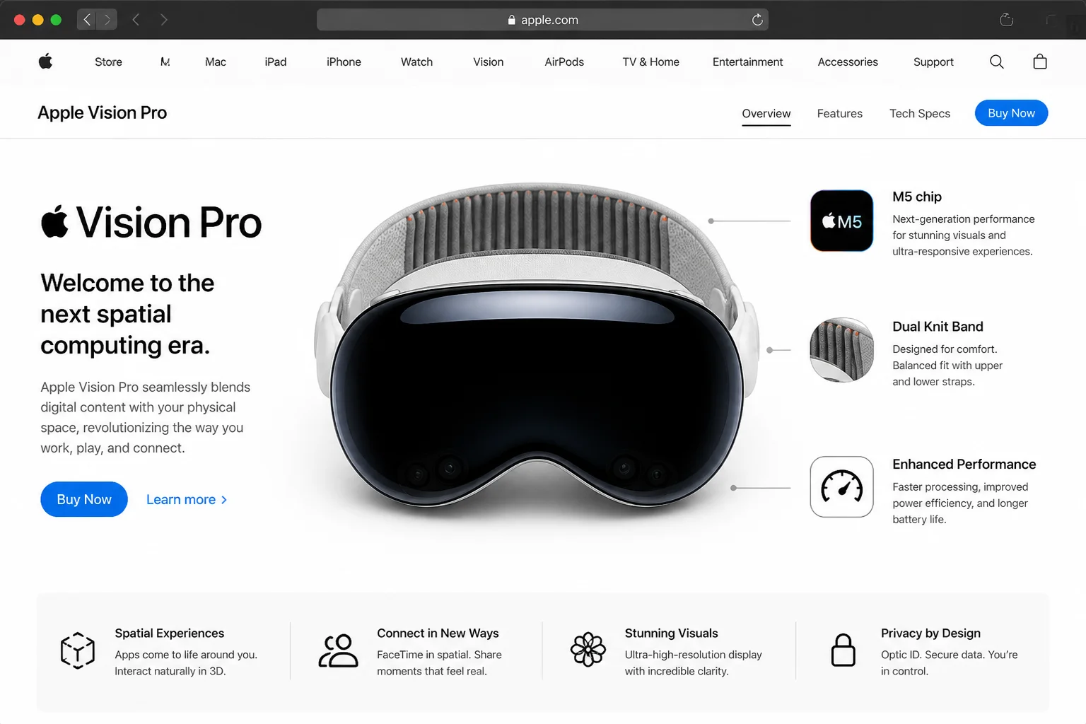 Apple's public Vision Pro product overview page showing the headset design and key spec callouts