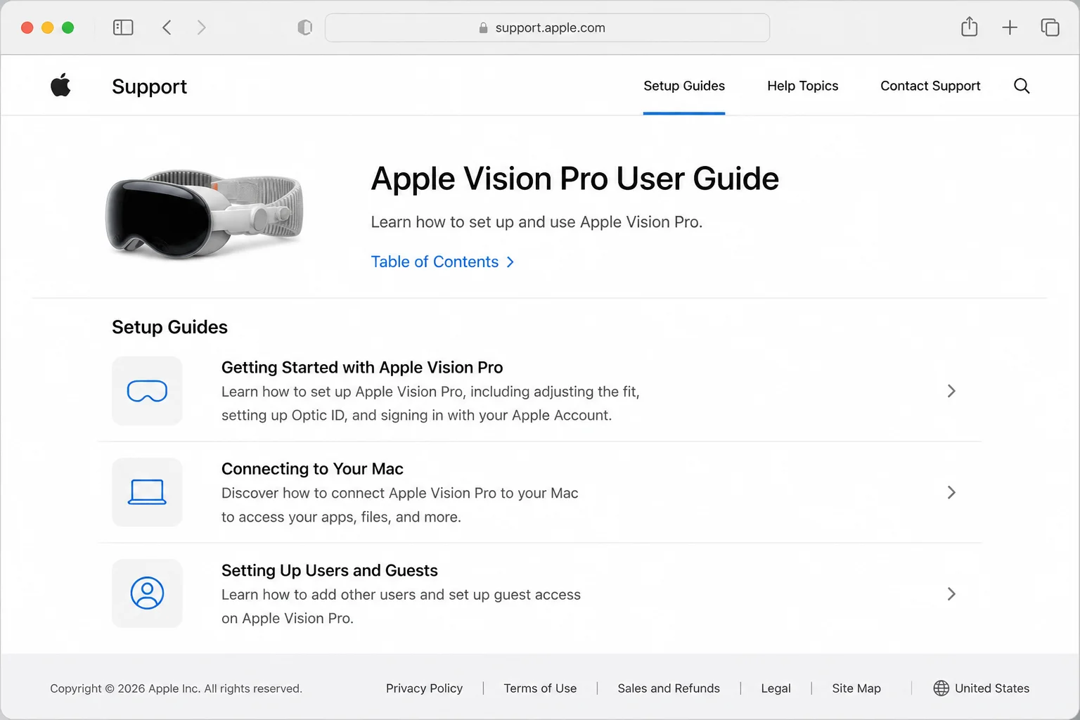 Apple's official Vision Pro support hub page listing setup guides and help topics