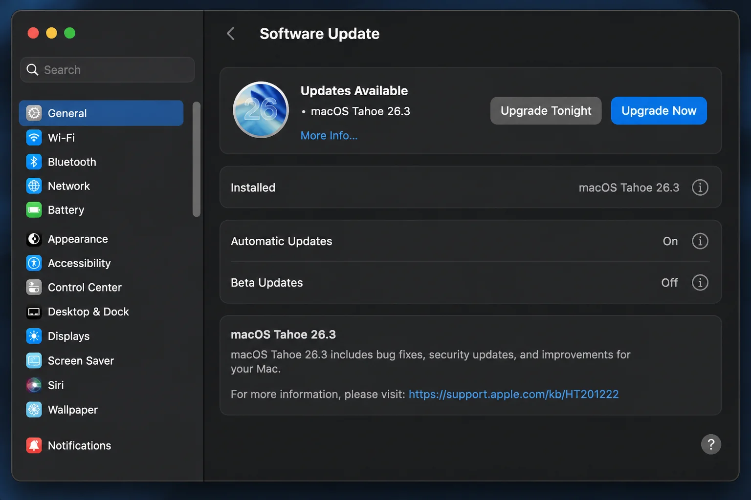 macOS System Settings General > Software Update pane showing the installed macOS version and update status