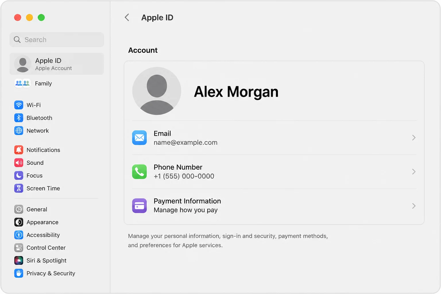 macOS System Settings Apple ID account pane showing the signed-in Apple ID name and email at the top
