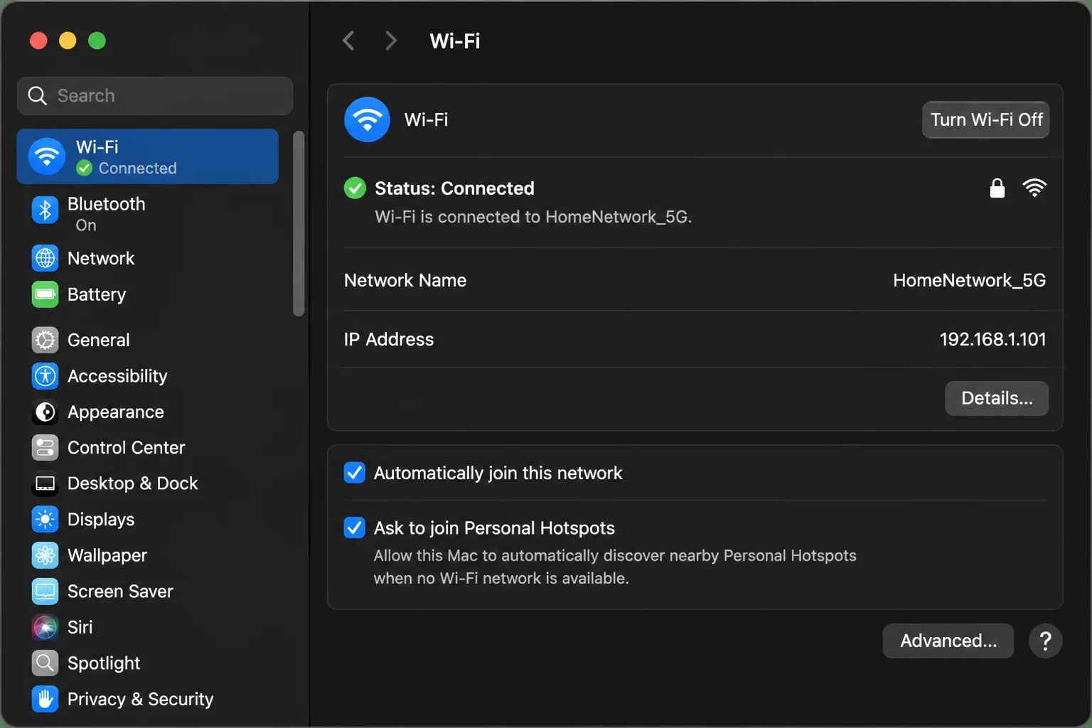 macOS System Settings Wi-Fi pane showing the currently connected network name