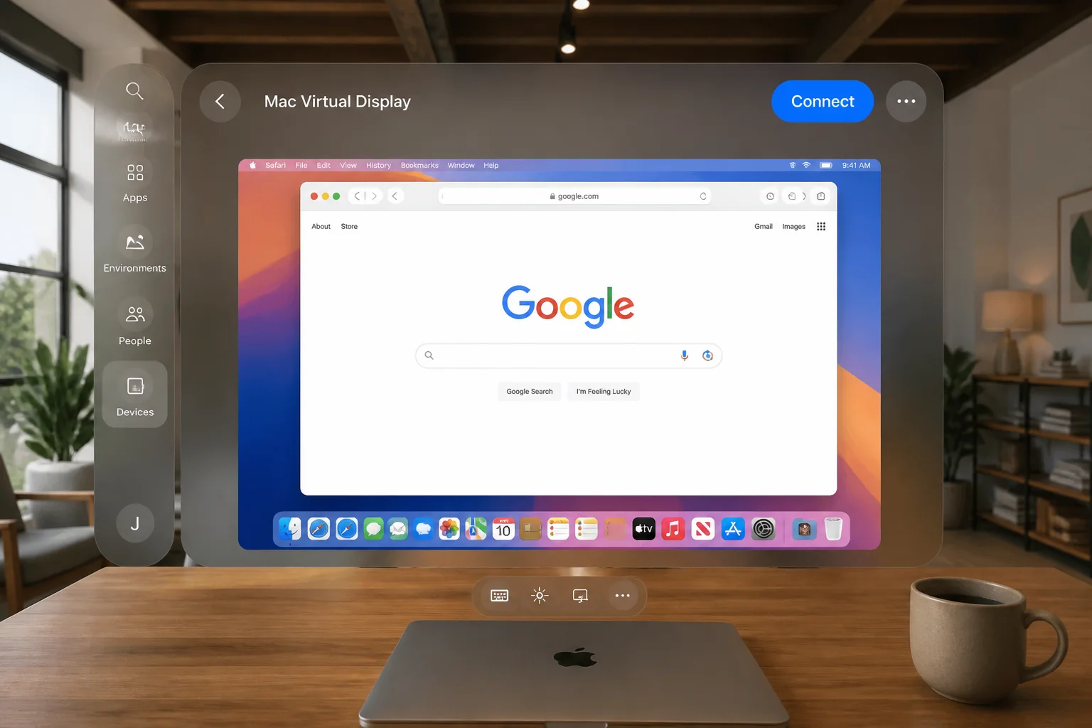 Vision Pro passthrough view showing the Connect button appearing near a nearby Mac's screen