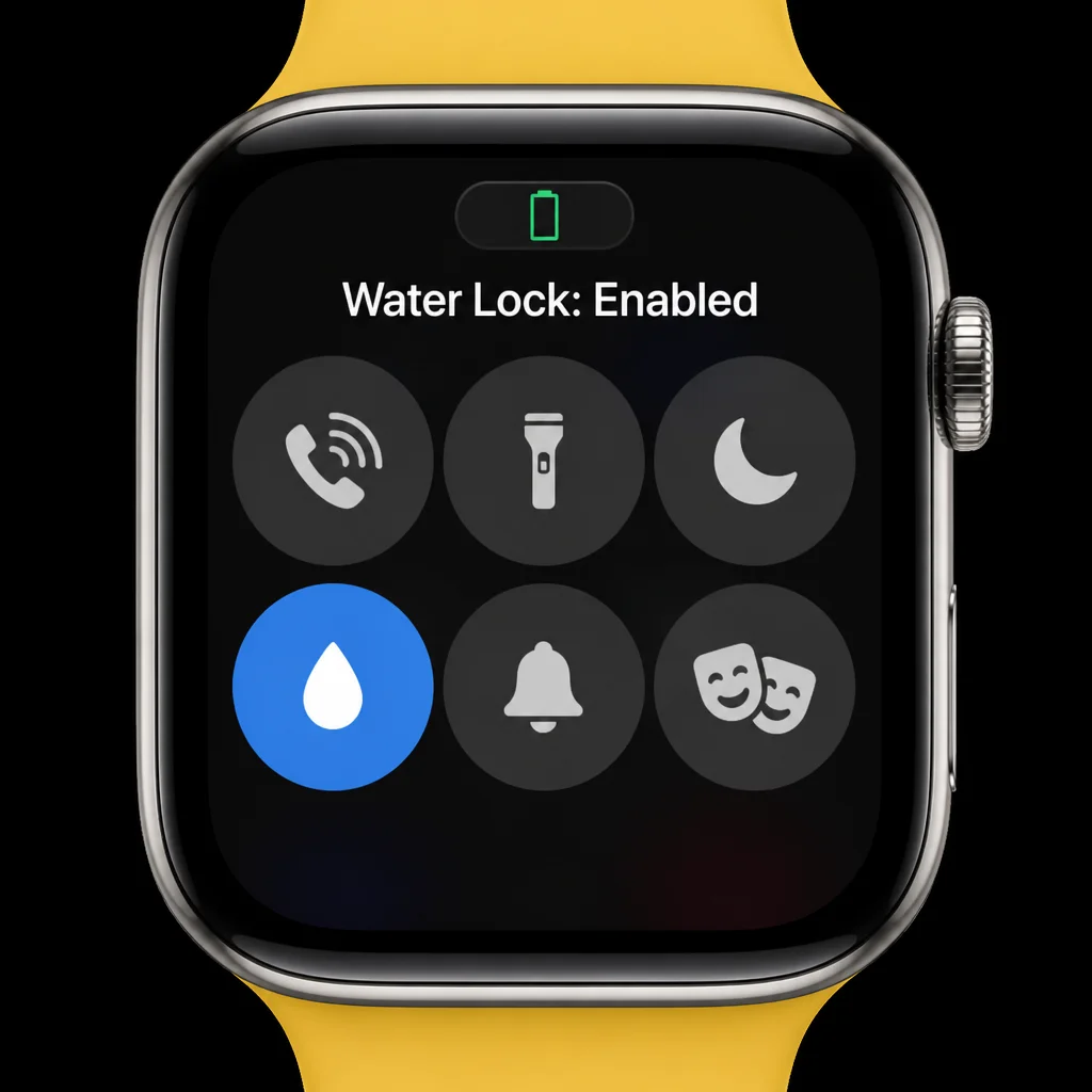 Apple Watch running watchOS 10 or later with Control Center open, the water-droplet Water Lock control visible, and the side button identified