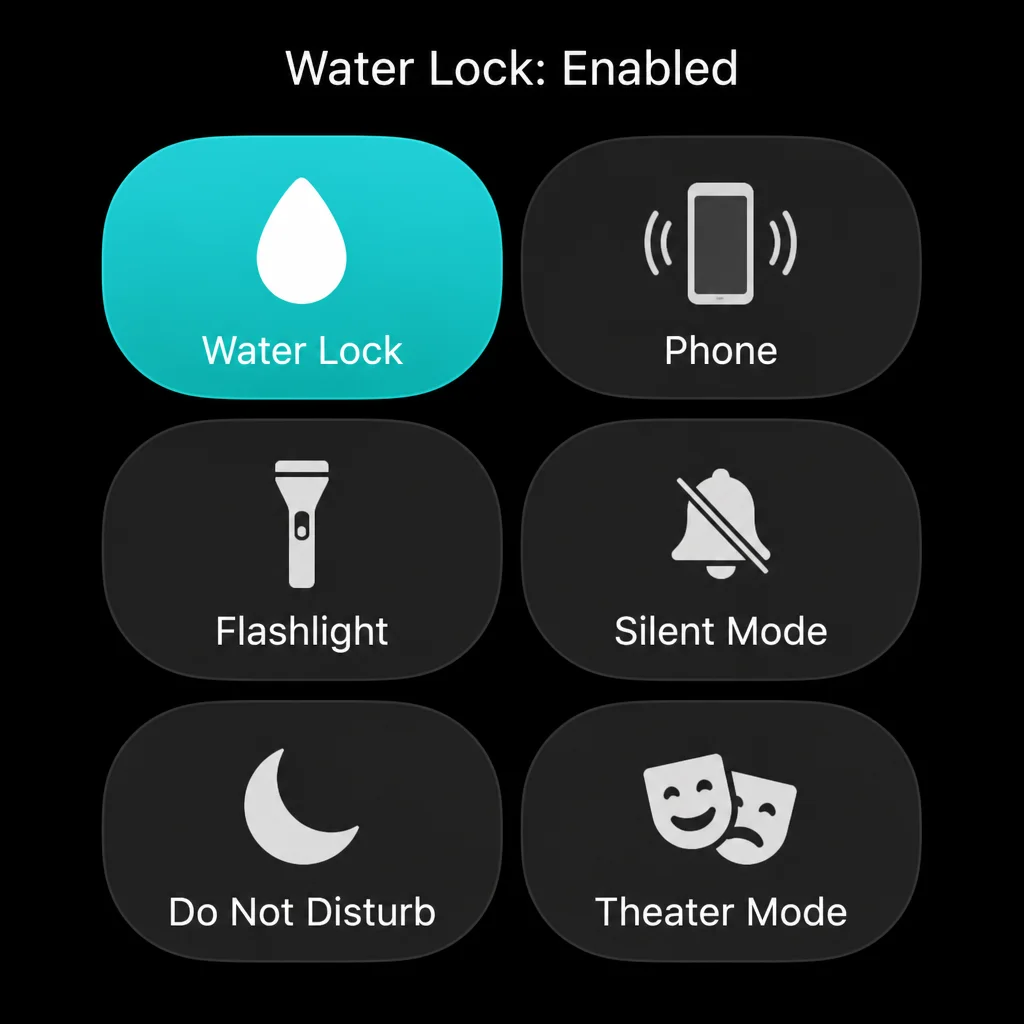 Apple Watch Control Center with the Water Lock droplet button highlighted