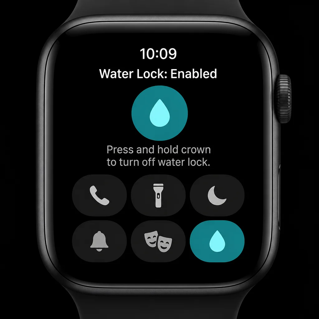 Apple Watch display with Water Lock active, showing the water-droplet status icon at the top and noting that touch input is disabled