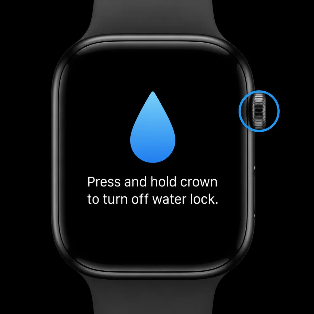 Apple Watch showing the on-screen instruction to press and hold the Digital Crown to unlock Water Lock, with the Crown highlighted