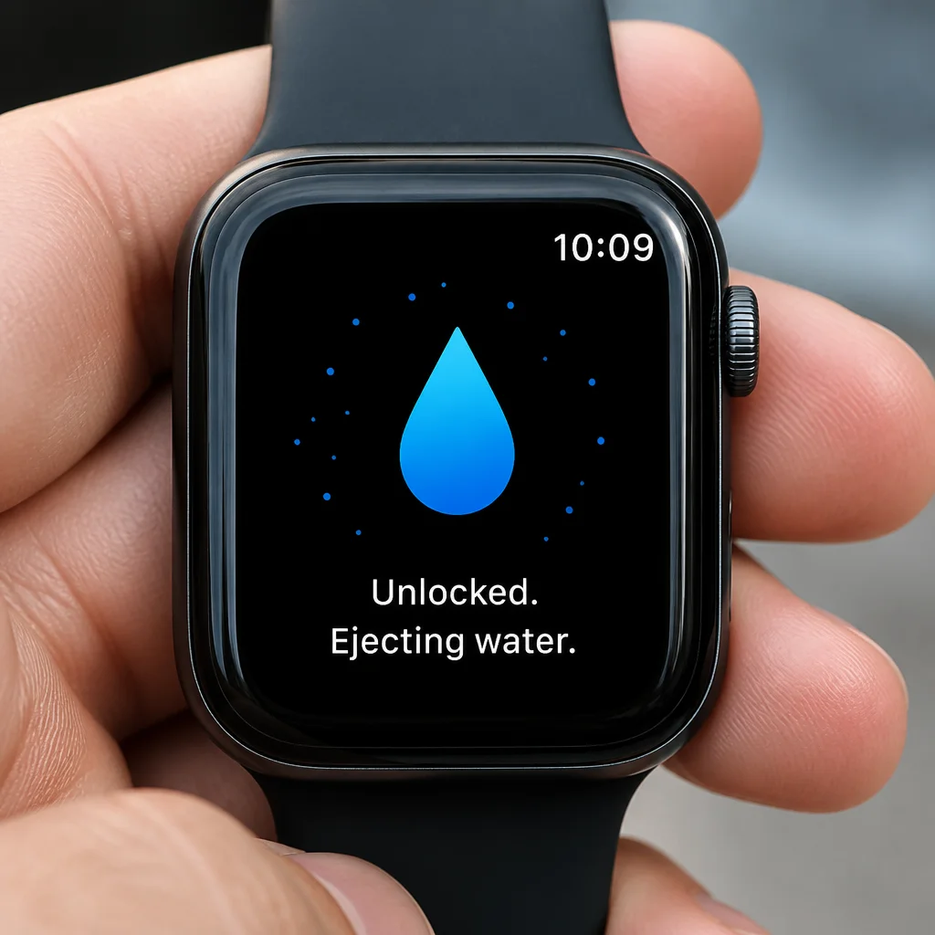 Apple Watch showing the Unlocked or water-ejection state while speaker-clearing tones play