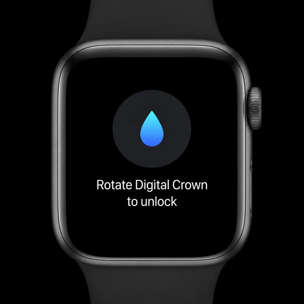 Older watchOS Control Center opened by swiping up, followed by the legacy prompt to rotate the Digital Crown to unlock Water Lock