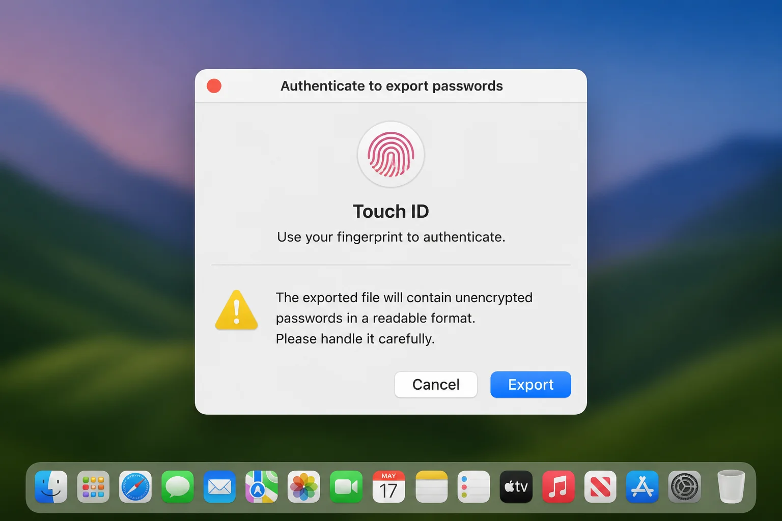 Apple Passwords export warning dialog with the security warning highlighted and no exported data visible