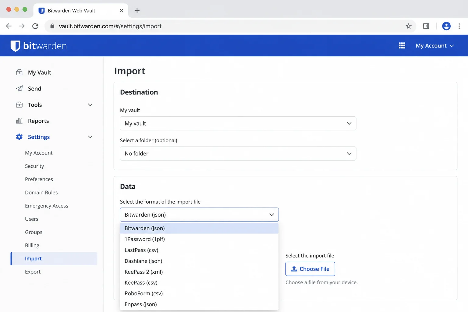 Bitwarden or 1Password stable import settings page showing the source-format selector and import control with demonstration data only
