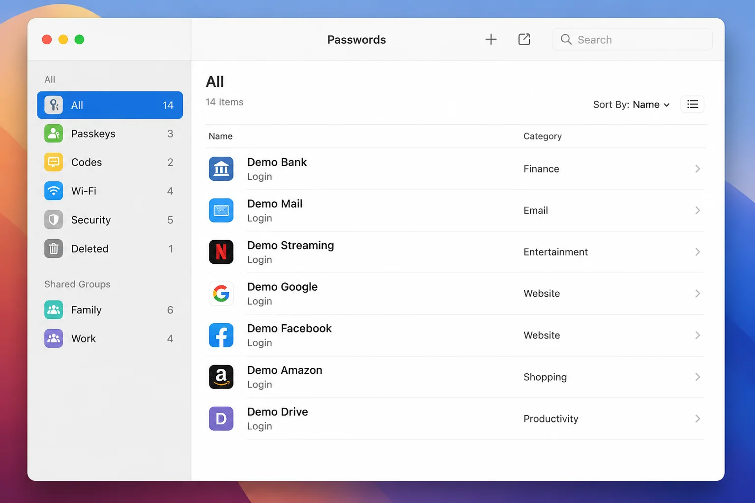 Apple Passwords main window with demonstration entries, sidebar categories visible, and all personal credentials removed