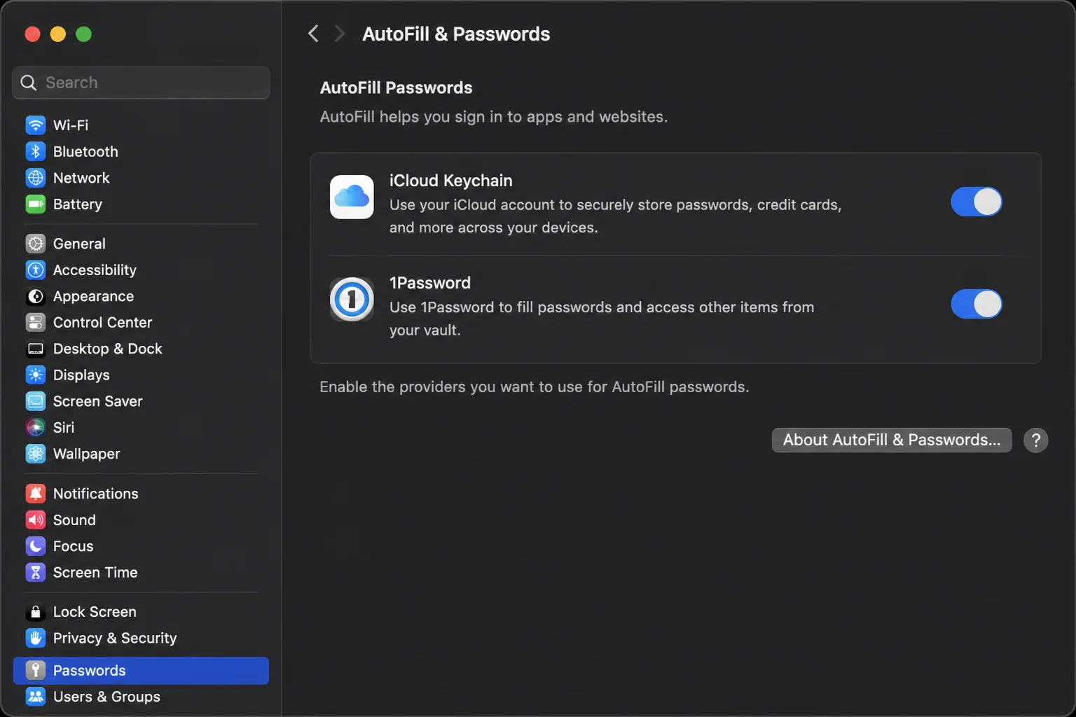 System Settings AutoFill and Passwords panel on the tested macOS release, with provider controls visible and no personal data