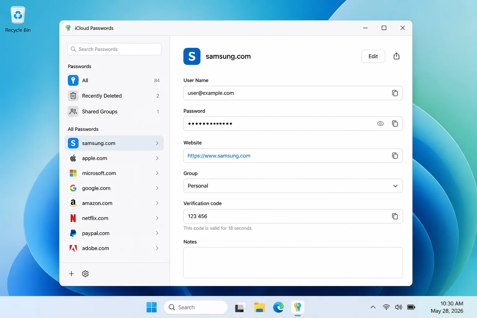 iCloud Passwords for Windows interface showing demonstration credentials and main navigation, with Apple Account details hidden