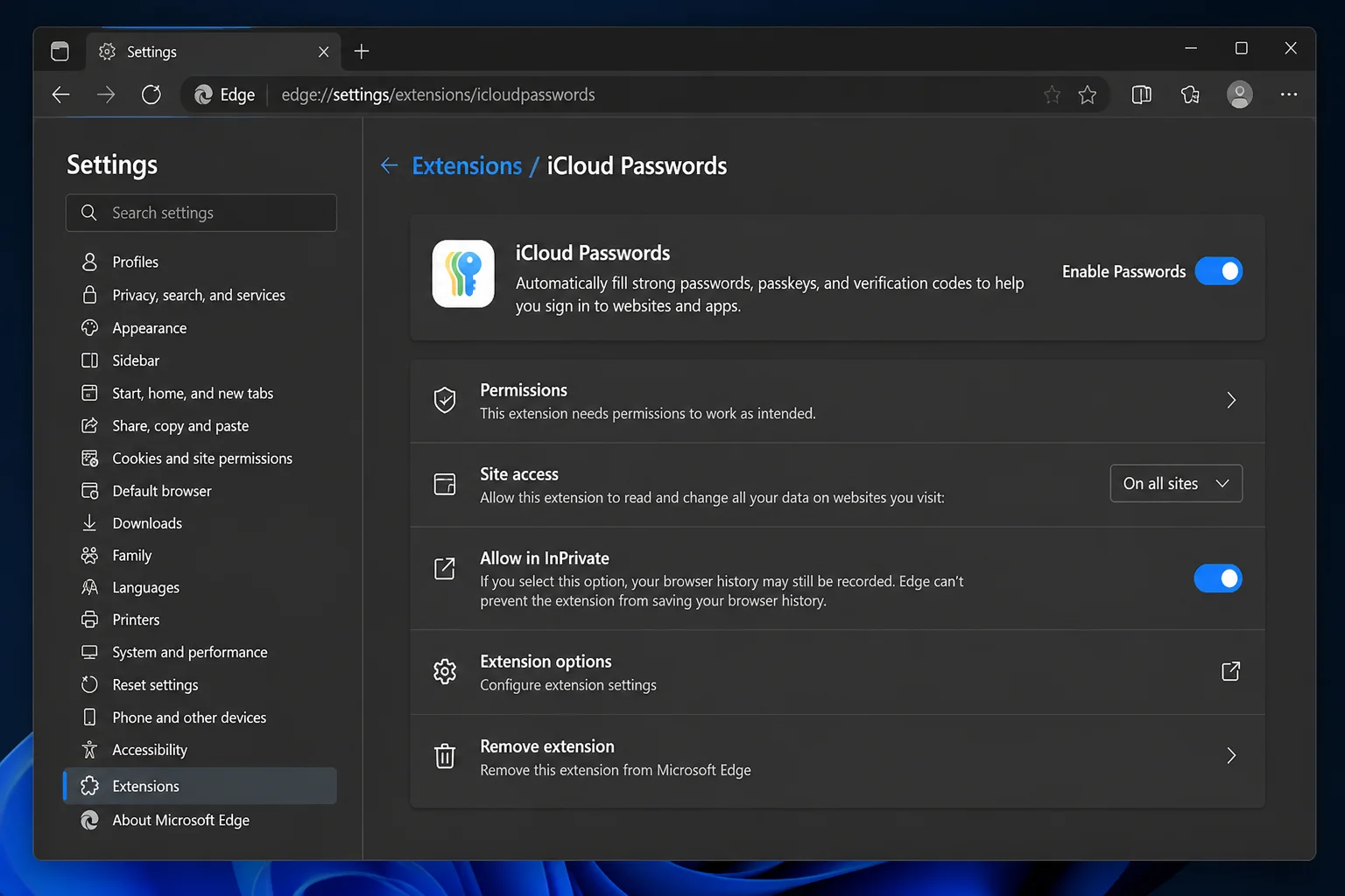 persistent iCloud Passwords browser extension menu or settings page in Microsoft Edge, avoiding sign-in and verification prompts