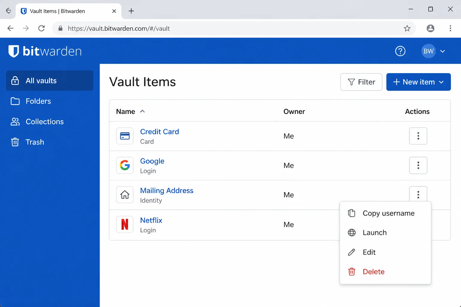 1Password or Bitwarden demonstration vault showing stable vault, collection, or sharing controls without real email addresses or credentials
