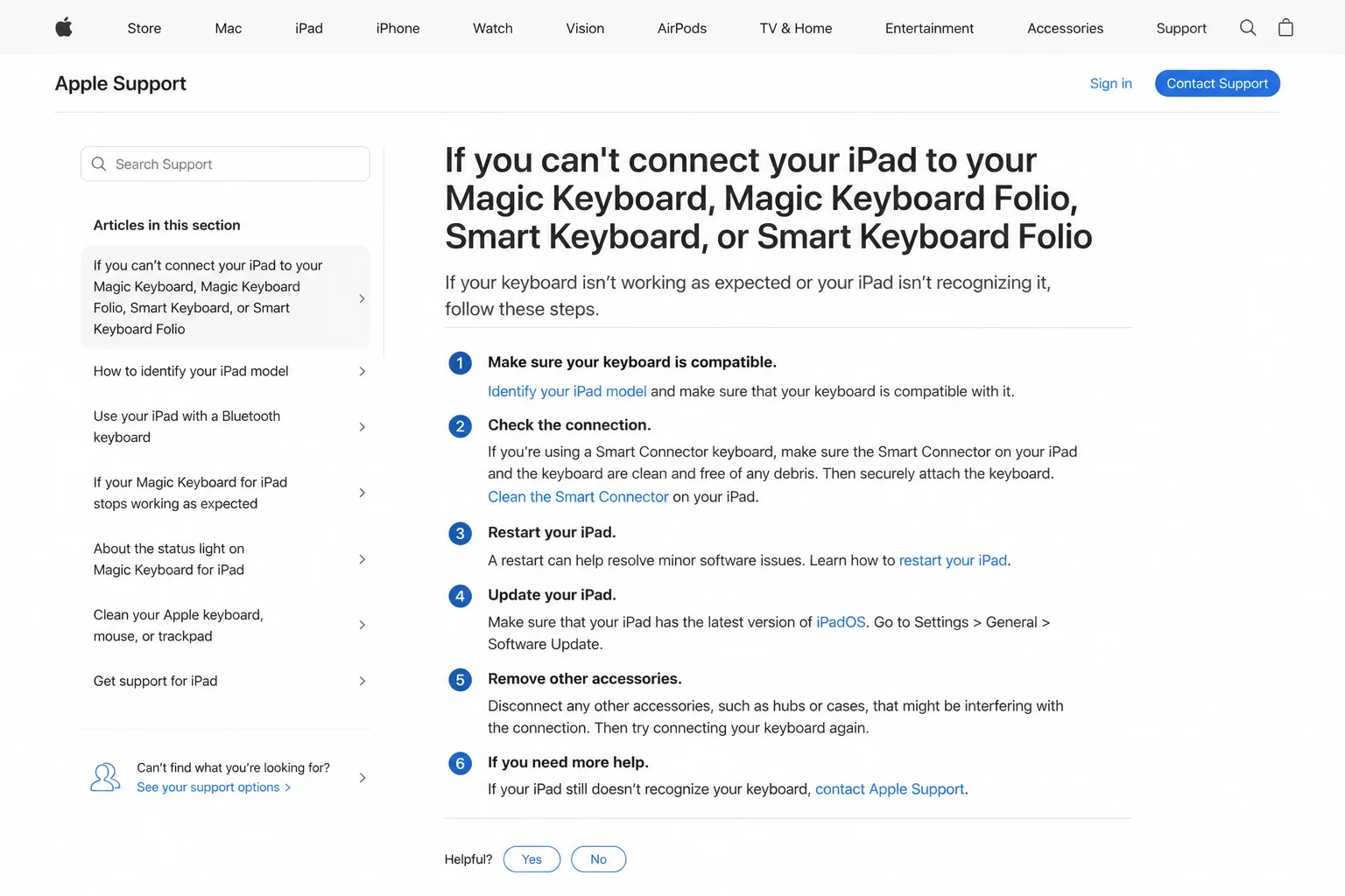 Apple support documentation showing external keyboard troubleshooting for Magic Keyboard and Smart Keyboard Folio accessories