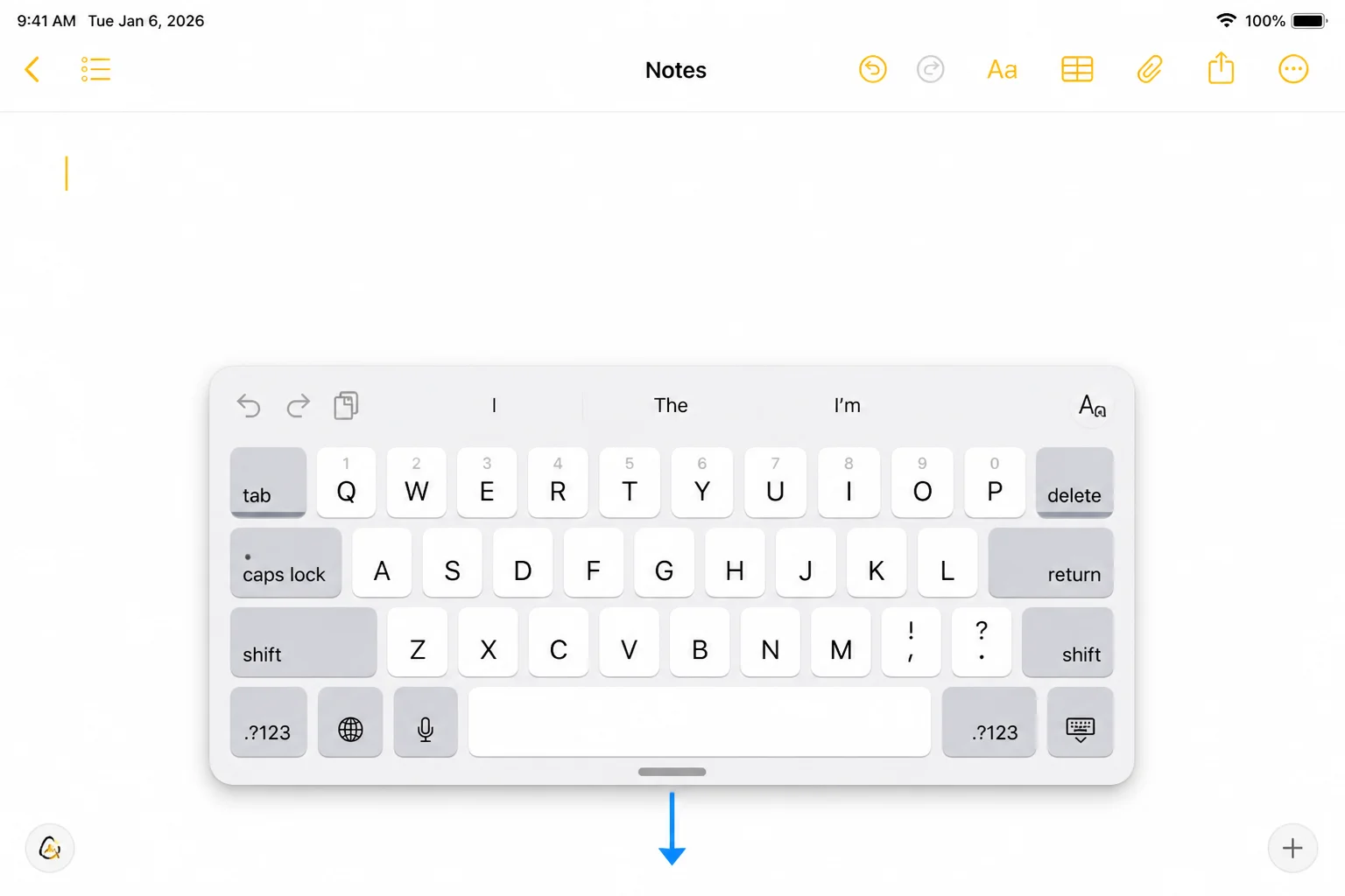 iPad Notes app showing the floating keyboard being repositioned by dragging the handle at the bottom