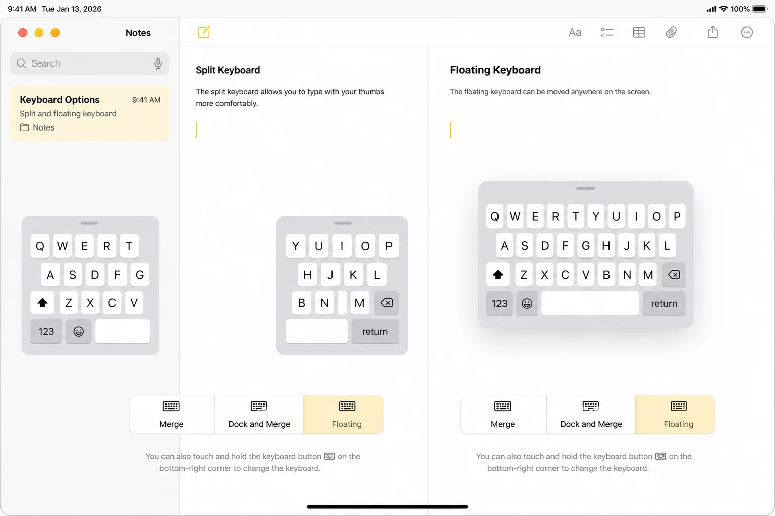 Apple support documentation showing floating and split keyboard modes versus the full keyboard