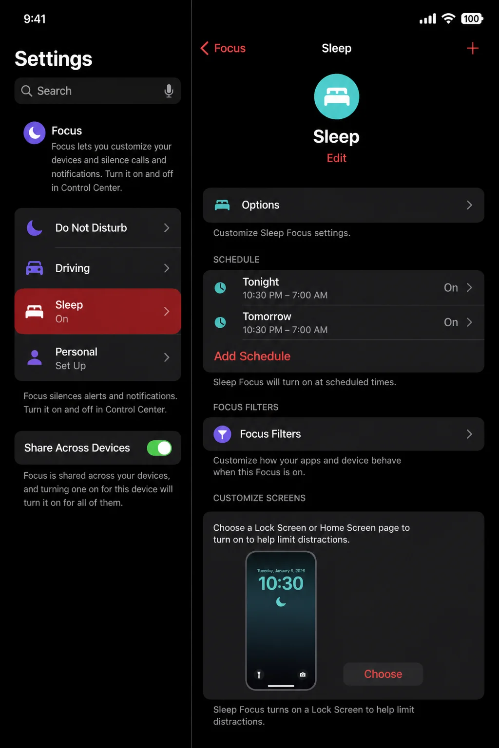 iOS Settings > Focus > Sleep with Sleep Focus enabled, scheduled automatic turn-on and turn-off times visible, and the lock screen customization option highlighted