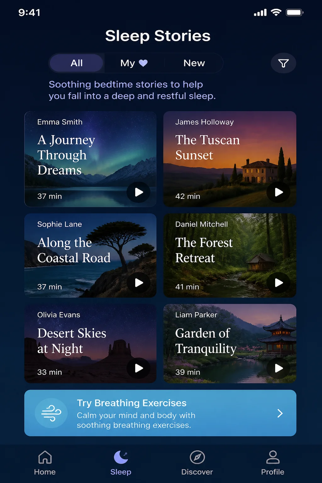Calm app Sleep section showing Sleep Stories library with featured narrator tiles, Sleep category selected, and a breathing exercises card visible
