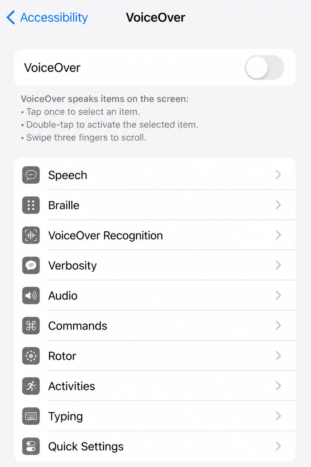 Accessibility VoiceOver page with the main VoiceOver switch and page title visible, noting that VoiceOver changes touch gestures