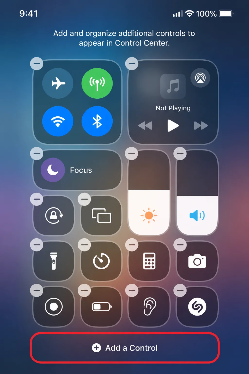 Current Control Center editing interface showing the add and remove actions for an example control on the same iOS version used throughout the article