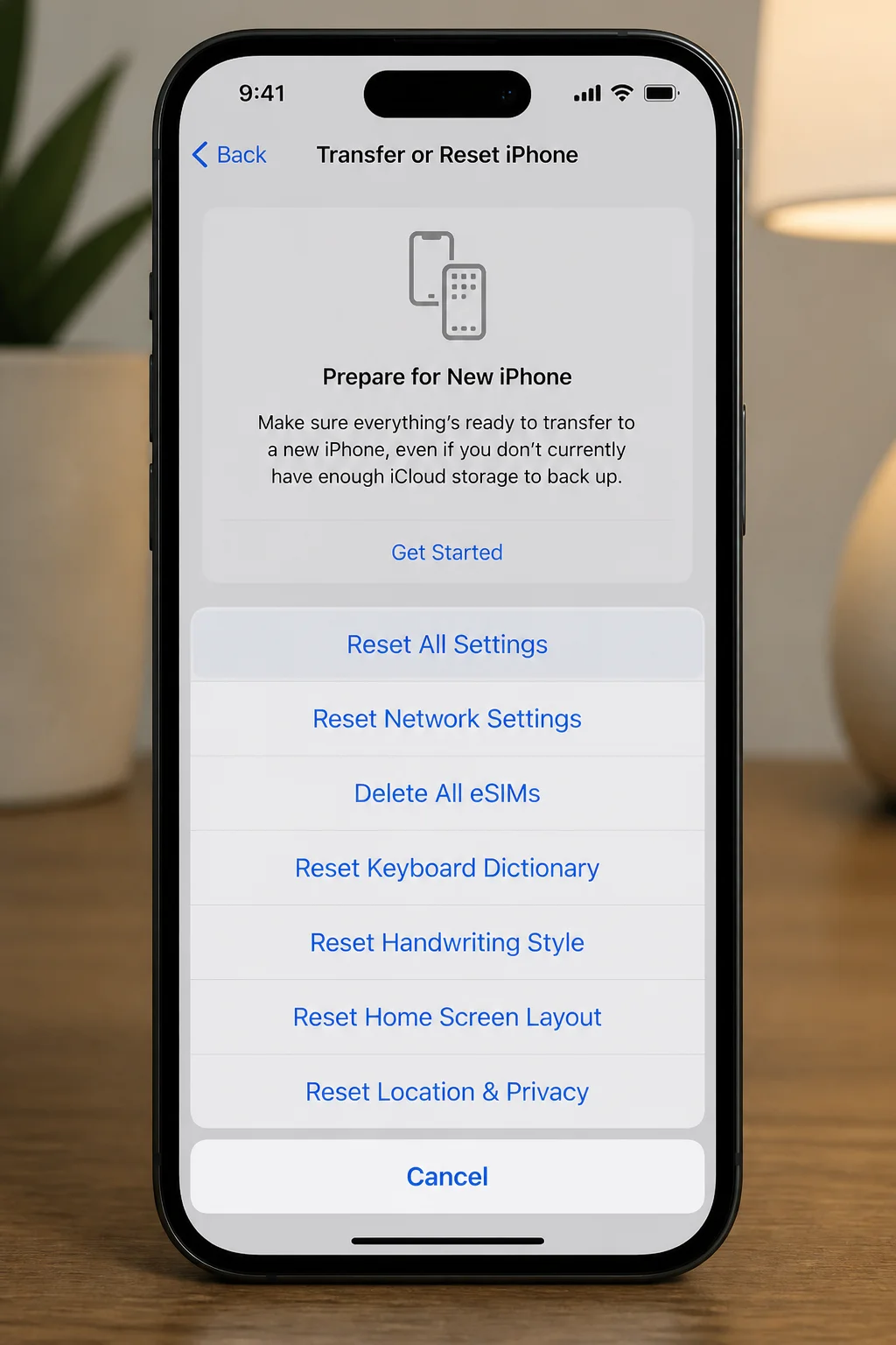 Reset menu with Reset All Settings visible and highlighted