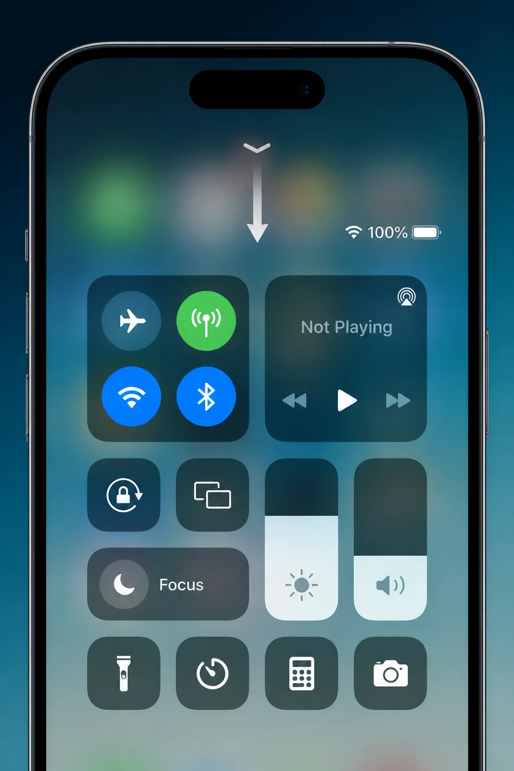 Face ID iPhone showing the Control Center gesture starting at the top-right corner near the battery icon, with a downward arrow and no personal notifications