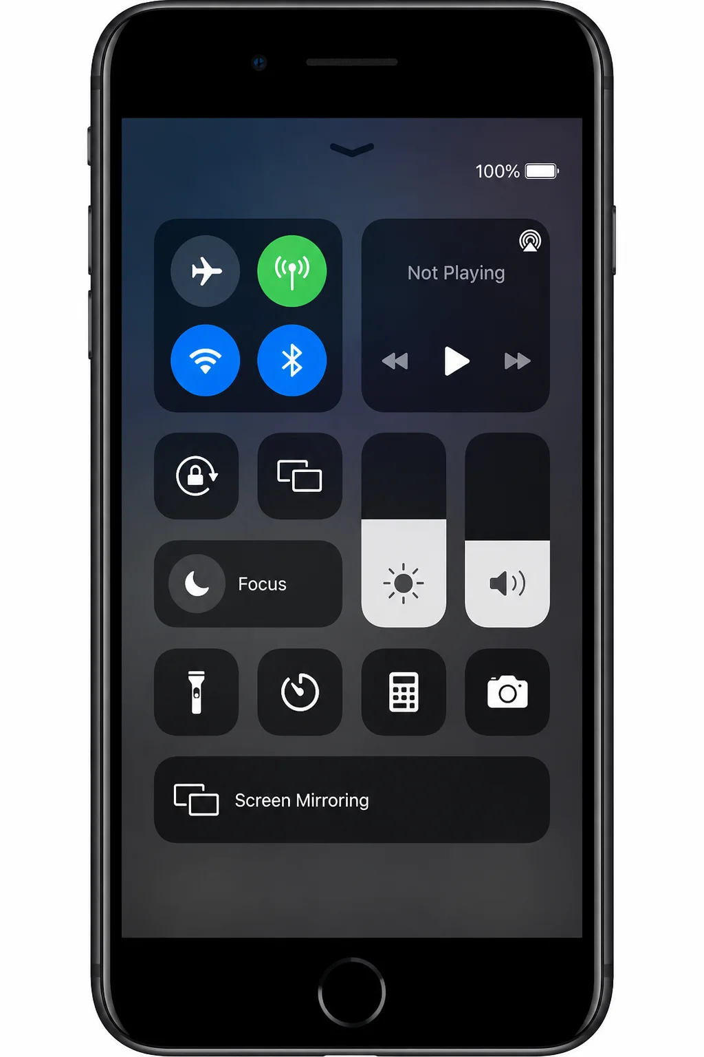 Home-button iPhone showing the Control Center gesture starting at the bottom edge, with an upward arrow