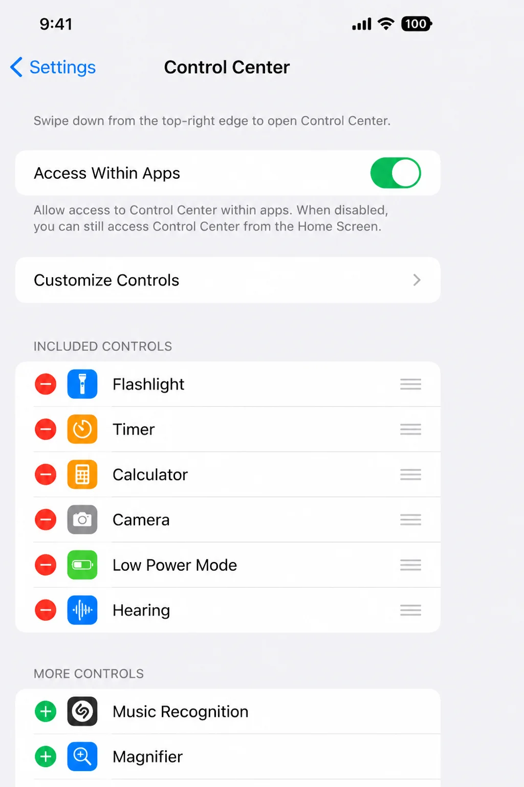 Control Center settings page with Access Within Apps visible and highlighted, without exposing personal information