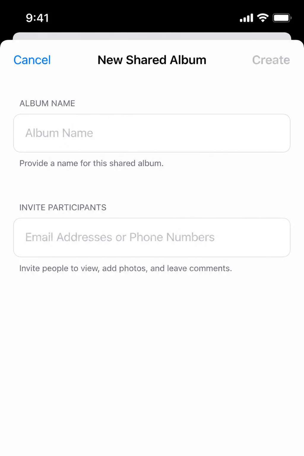 Shared Album creation screen showing the invite/participant entry field