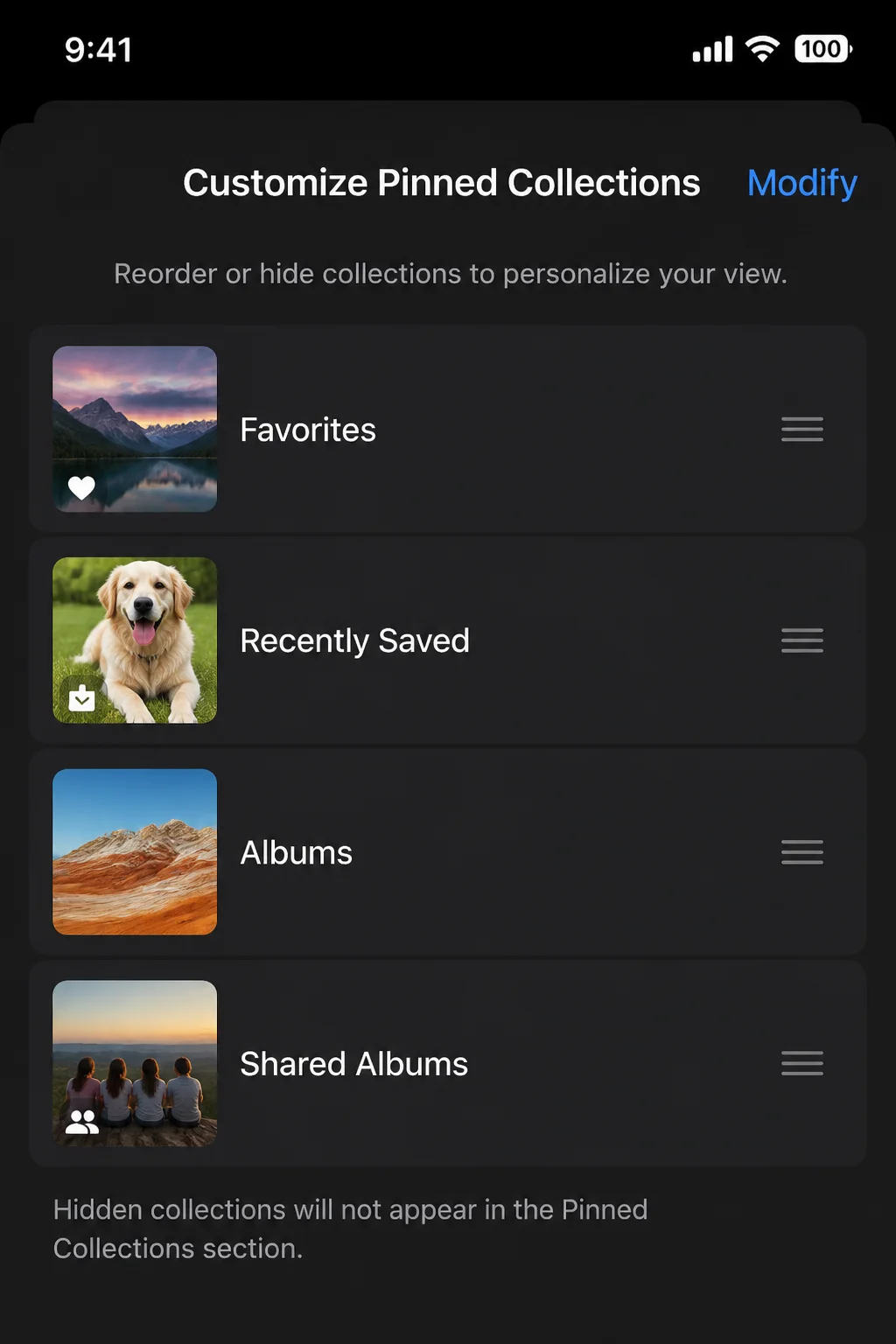 Edit view for Pinned collections showing reorder handles and pin/unpin controls next to each collection