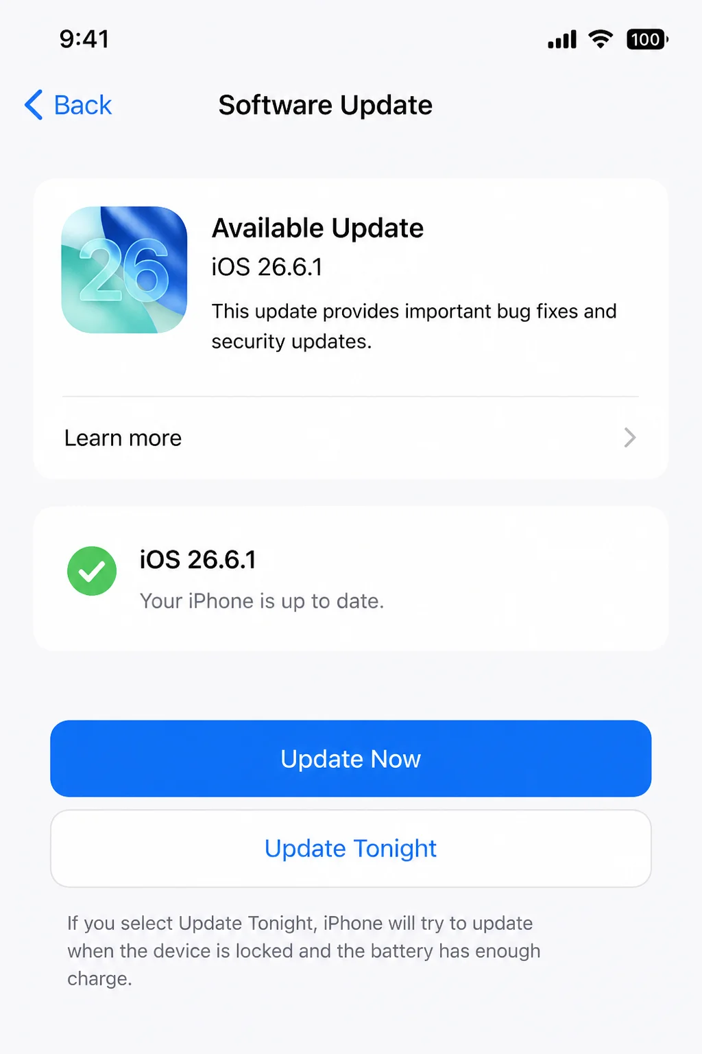 Settings > General > Software Update screen showing current iOS version and update status