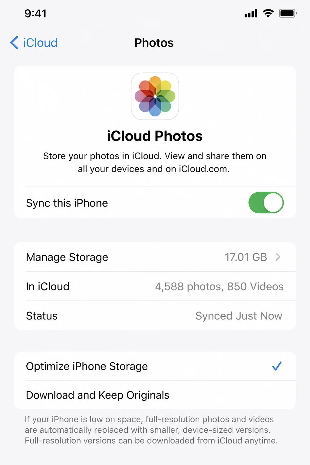 iCloud Photos settings screen with the Sync this iPhone toggle visible