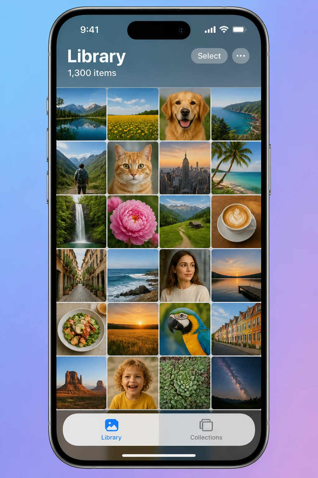 Photos app main screen showing the Library and Collections tab switcher at the bottom of the screen