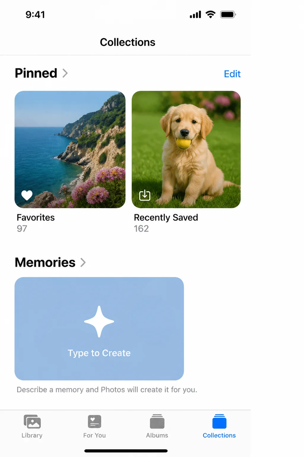 Collections tab with the Pinned section visible at the top, including the Favorites tile