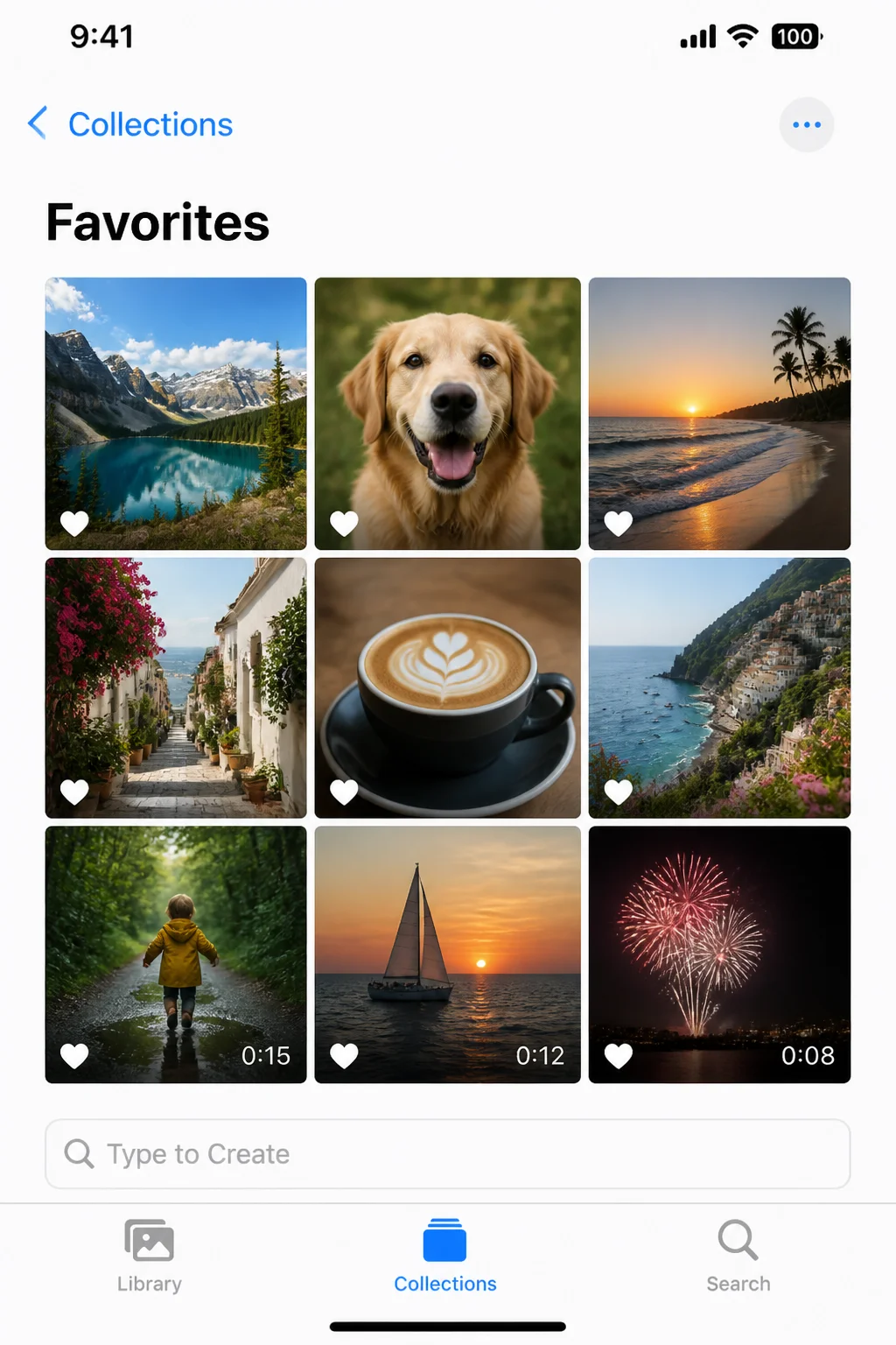 Favorites collection open, showing a grid of favorited photos and videos