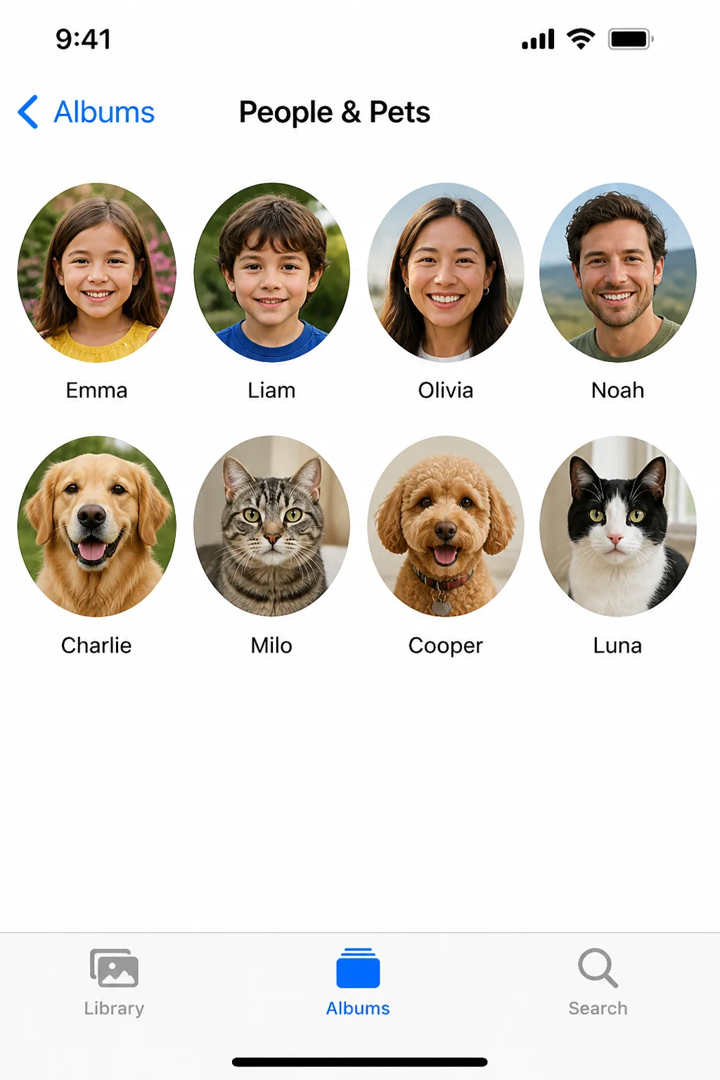 People & Pets collection screen showing recognized faces and pets as tappable tiles