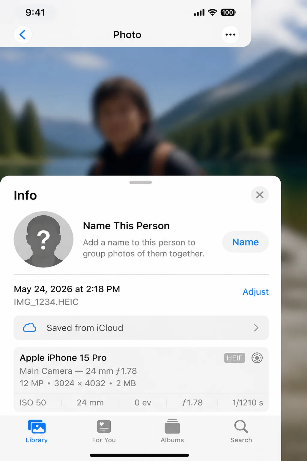 Photo Info panel showing an unidentified face marked with a question mark and the Name This Person prompt